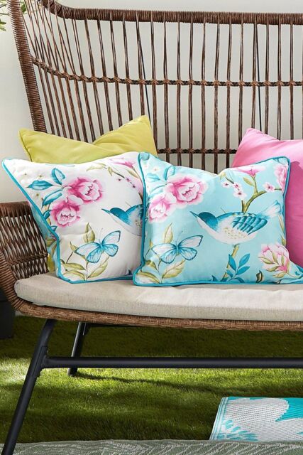 Dreams & Drapes 'Amelle' Outdoor Water & UV Resistant Garden Filled Bench Cushion in Blue - Size: 43 cm x 43 cm - image 1