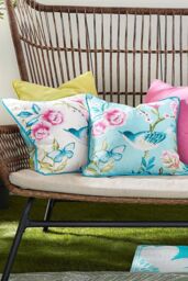 Dreams & Drapes 'Amelle' Outdoor Water & UV Resistant Garden Filled Bench Cushion in Blue - Size: 43 cm x 43 cm - thumbnail 1