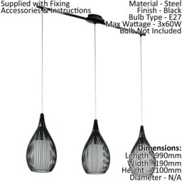 Loops Pendant Light Colour Black Shade Black White Satin Glass Steel Bulb E27 3x60W - thumbnail 2