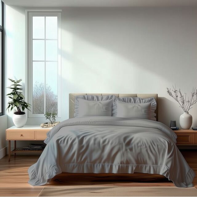 Snug City Duvet Cover & Pillowcase Set Trendy Polycotton Frilled Design Linen in Silver - Size: Super King - image 1