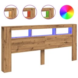 Berkfield Home LED Headboard Artisan Oak 220x18.5x103.5 cm Engineered Wood in Brown - thumbnail 2