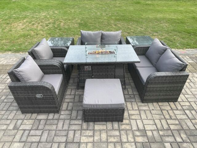 Fimous 7 Seater Rattan Garden Furniture Set Propane Gas Fire Pit Table & Sofa Chair set with 2 Side Tables Big Footstool in Dark Grey - image 1