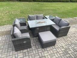 Fimous 7 Seater Rattan Garden Furniture Set Propane Gas Fire Pit Table & Sofa Chair set with 2 Side Tables Big Footstool in Dark Grey - thumbnail 3