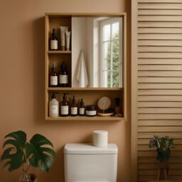 FURNOS Wooden Bathroom Wall Storage Cabinet Organiser With Mirror in Natural - thumbnail 4