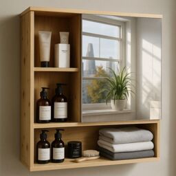 FURNOS Wooden Bathroom Wall Storage Cabinet Organiser With Mirror in Natural