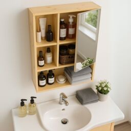 FURNOS Wooden Bathroom Wall Storage Cabinet Organiser With Mirror in Natural - thumbnail 2
