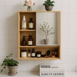FURNOS Wooden Bathroom Wall Storage Cabinet Organiser With Mirror in Natural - thumbnail 3
