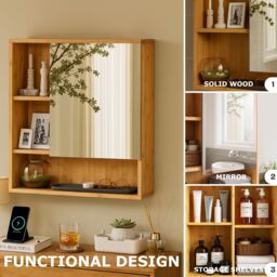 FURNOS Wooden Bathroom Wall Storage Cabinet Organiser With Mirror in Natural - thumbnail 6