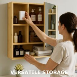FURNOS Wooden Bathroom Wall Storage Cabinet Organiser With Mirror in Natural - thumbnail 8