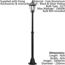 Loops 2 PACK IP44 Outdoor Bollard Light Black & Silver Lantern 2000mm Post 60W E27 - thumbnail 2