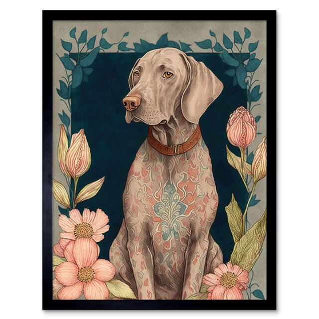 "Artery8 Wall Art Print Grey Weimaraner Dog with Ornate Pattern Fur Coat & Flowers Modern Art Nouveau Art Framed in Black - Size: W12"" x H16""" - image 1