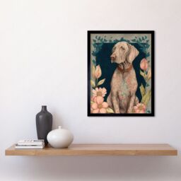 "Artery8 Wall Art Print Grey Weimaraner Dog with Ornate Pattern Fur Coat & Flowers Modern Art Nouveau Art Framed in Black - Size: W12"" x H16""" - thumbnail 2