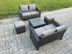 Fimous Rattan Garden Furniture Set 5 piece Patio Rattan Furniture Sofa Weaving Wicker includes 2 Double Seat Sofa, Coffee Table & 2 Small Footstools