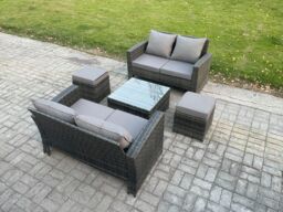 Fimous Rattan Garden Furniture Set 5 piece Patio Rattan Furniture Sofa Weaving Wicker includes 2 Double Seat Sofa, Coffee Table & 2 Small Footstools - thumbnail 2