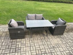 Fimous Rattan Garden Furniture 4 Piece Grey Patio Furniture Set Patio Conservatory 4 Seater Set Outdoor Rectangular Table & Chairs in Dark Grey - thumbnail 2