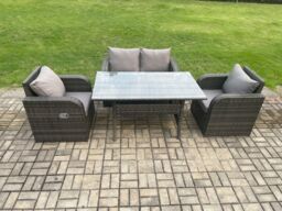 Fimous Rattan Garden Furniture 4 Piece Grey Patio Furniture Set Patio Conservatory 4 Seater Set Outdoor Rectangular Table & Chairs in Dark Grey - thumbnail 1