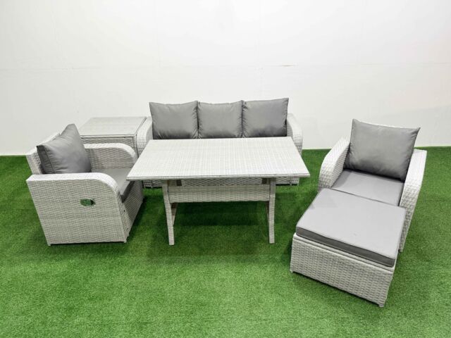 Fimous PE Rattan Garden Furniture Set Reclining Chair Sofa Lounge Sofa Set Rectangular Dining Table Side Table Big Footstool Light Grey - image 1