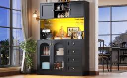 Merax Kitchen Dresser with LED, Wine Glass Rack, 3 Drawers & Coffee Station in Black - thumbnail 4