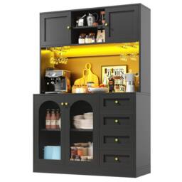 Merax Kitchen Dresser with LED, Wine Glass Rack, 3 Drawers & Coffee Station in Black - thumbnail 1