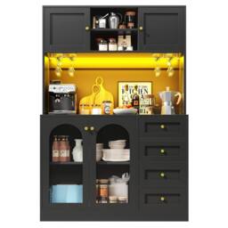 Merax Kitchen Dresser with LED, Wine Glass Rack, 3 Drawers & Coffee Station in Black - thumbnail 6