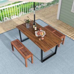 Costway 2 Pcs Patio Wood Bench 2-Person Solid Wood Bench w/ Slatted Seat in Natural - thumbnail 5