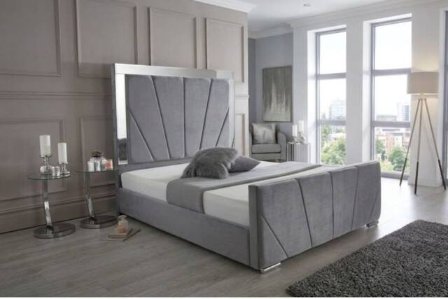 Stratus Interiors Knightsbridge Art Deco Lined Mirrored Bed Frame - Gas lift Storage in Grey - Size: Small Double - image 1