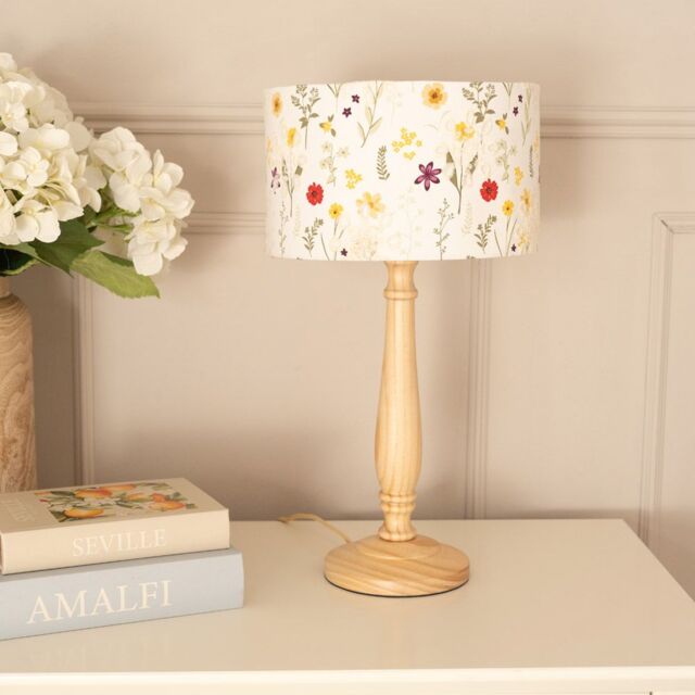 ValueLights Victoria Light Wood Candlestick Table Lamp with Floral Embroidered Drum Shade in Natural
