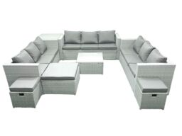 Fimous Rattan Garden Outdoor Furniture Set 12 Seater Rattan Garden Sofa Set with 3 Footstools Side Table Light Grey Mixed - thumbnail 1