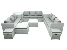 Fimous Rattan Garden Outdoor Furniture Set 12 Seater Rattan Garden Sofa Set with 3 Footstools Side Table Light Grey Mixed - thumbnail 2