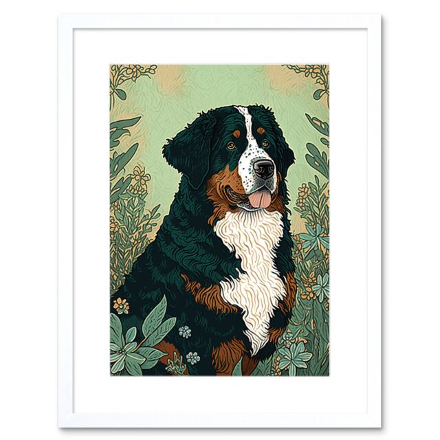 "Artery8 Wall Art Print Bernese Mountain Dog in Wildflower Field Modern Artwork Framed 9X7 Inch in White - Size: W7"" x H9""" - image 1