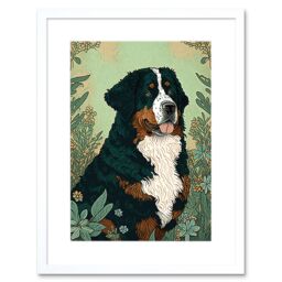 "Artery8 Wall Art Print Bernese Mountain Dog in Wildflower Field Modern Artwork Framed 9X7 Inch in White - Size: W7"" x H9""" - thumbnail 1