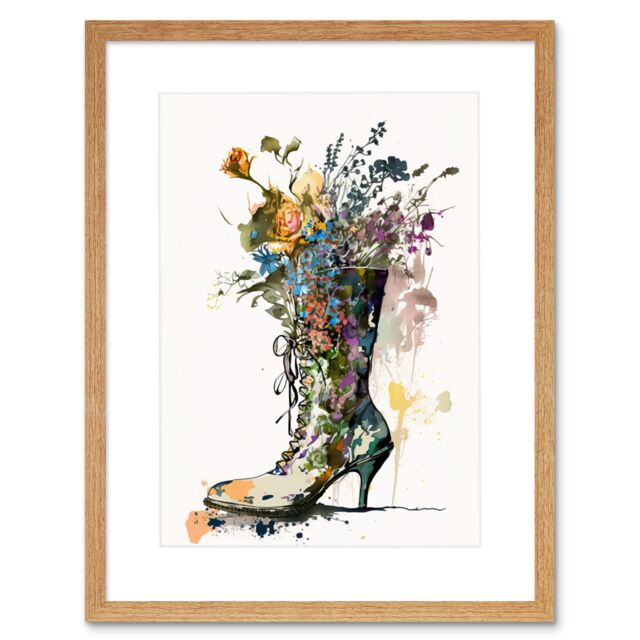 "Artery8 Wall Art Print Spring Wildflower Bouquet in High Heel Floral Boot Artwork Framed 9X7 Inch in Beige - Size: W7"" x H9""" - image 1
