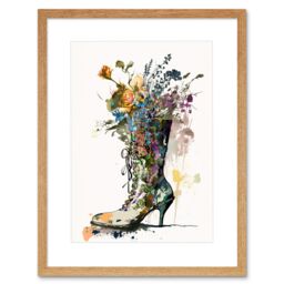 "Artery8 Wall Art Print Spring Wildflower Bouquet in High Heel Floral Boot Artwork Framed 9X7 Inch in Beige - Size: W7"" x H9""" - thumbnail 1