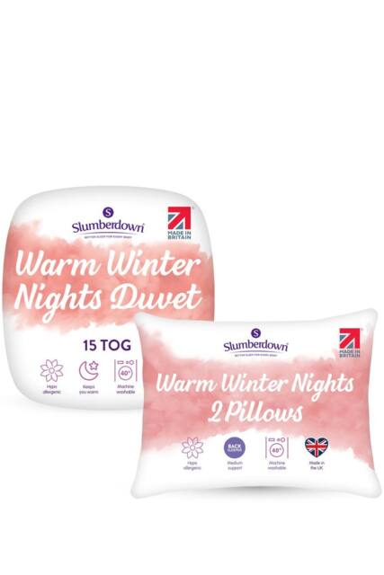 Slumberdown Warm Winter Nights 15 Tog Duvet, 2 Pillows in White - Size: Single