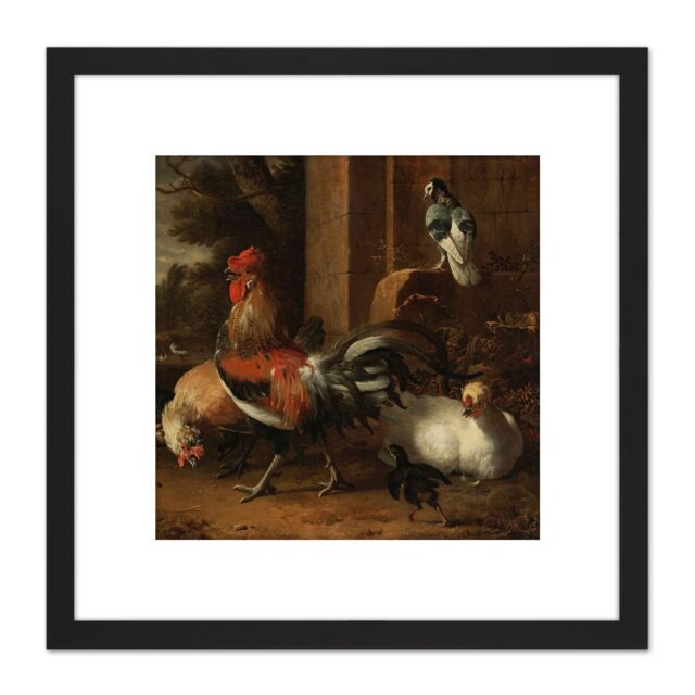 Artery8 D'Hondecoeter Poultry Yard 8X8 Inch Square Wooden Framed Wall Art Print Picture with Mount in Black - image 1