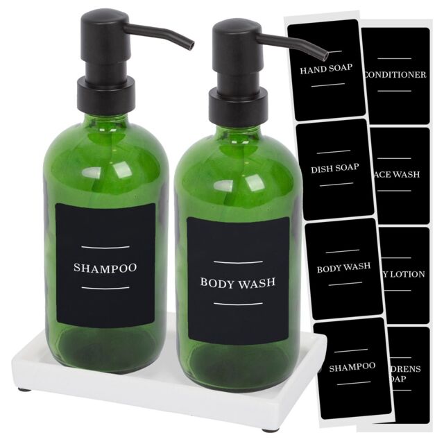 Harbour Housewares 2pc Glass Soap Dispenser Set with Ceramic Tray & Labels in Black - image 1