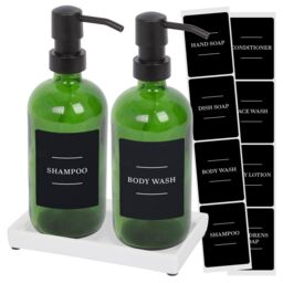 Harbour Housewares 2pc Glass Soap Dispenser Set with Ceramic Tray & Labels in Black