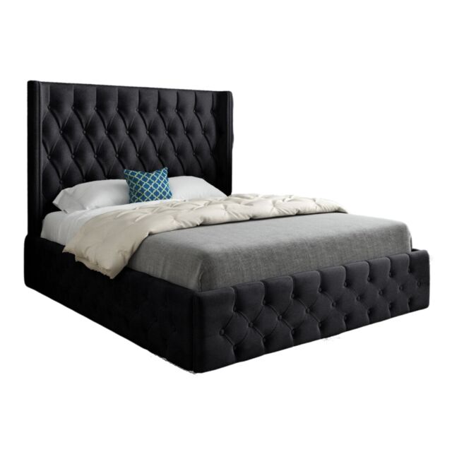 KDMD Wayno Straight Winged Upholstered Soft Velvet Designer Bed Frame in Black - Size: Small Double - image 1