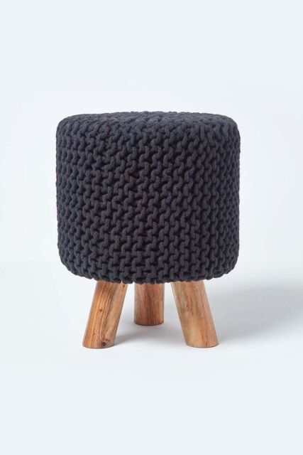 Homescapes Tall Cotton Knitted Footstool on Legs in Black - image 1