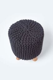 Homescapes Tall Cotton Knitted Footstool on Legs in Black - thumbnail 3
