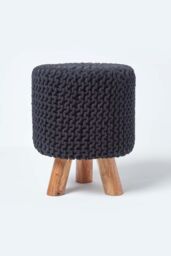 Homescapes Tall Cotton Knitted Footstool on Legs in Black - thumbnail 1