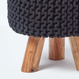 Homescapes Tall Cotton Knitted Footstool on Legs in Black - thumbnail 4