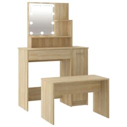 Berkfield Home Dressing Table Set with LED Sonoma Oak Engineered Wood in Brown - thumbnail 2