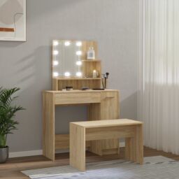 Berkfield Home Dressing Table Set with LED Sonoma Oak Engineered Wood in Brown - thumbnail 4