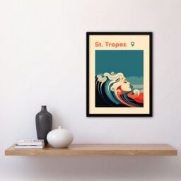Artery8 Wall Art Print The Seaside Calls St Tropez Beach France Modern Woman of the Waves Sea Siren Ocean Art Framed in Blue - Size: A4 - thumbnail 4