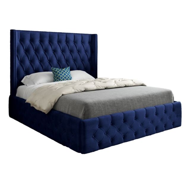 KDMD Wayno Straight Winged Upholstered Soft Velvet Designer Bed Frame in Blue - Size: Single - image 1