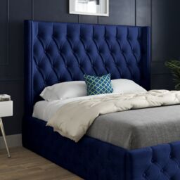 KDMD Wayno Straight Winged Upholstered Soft Velvet Designer Bed Frame in Blue - Size: Single - thumbnail 3