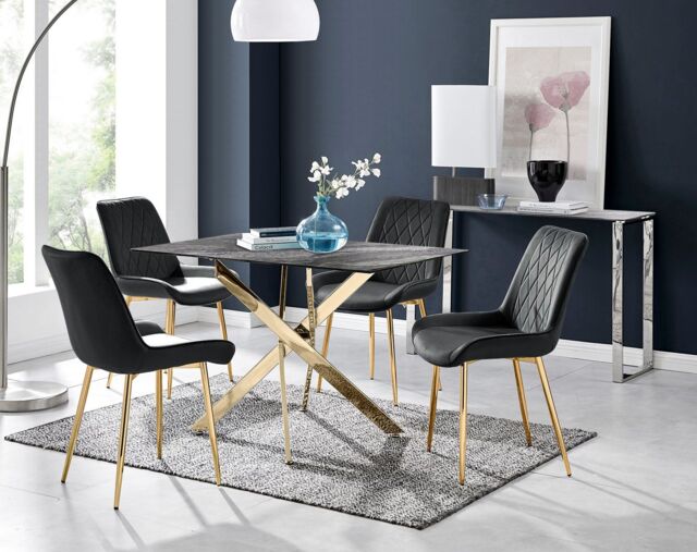FurnitureboxUK Leonardo Grey Glass Marble Effect Gold Leg Table & 4 Pesaro Gold Leg Chairs in Black - image 1