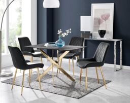 FurnitureboxUK Leonardo Grey Glass Marble Effect Gold Leg Table & 4 Pesaro Gold Leg Chairs in Black