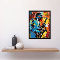 "Artery8 Blues Jazz Saxophone Player Vibrant Painting Framed Art Print - Size: W12"" x H16""" - thumbnail 4